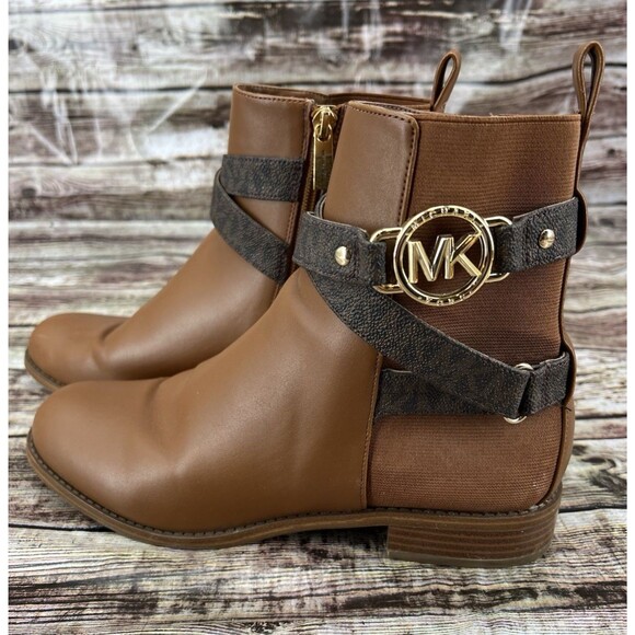Michael Kors Shoes - MICHAEL KORS Women's Rory Signature Ankle Side-Zip Flat Brown Booties, Size 8.5